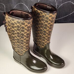 COACH Tristee Rubber/Coated Canvas Rain Boots Lace Tie Back US7B